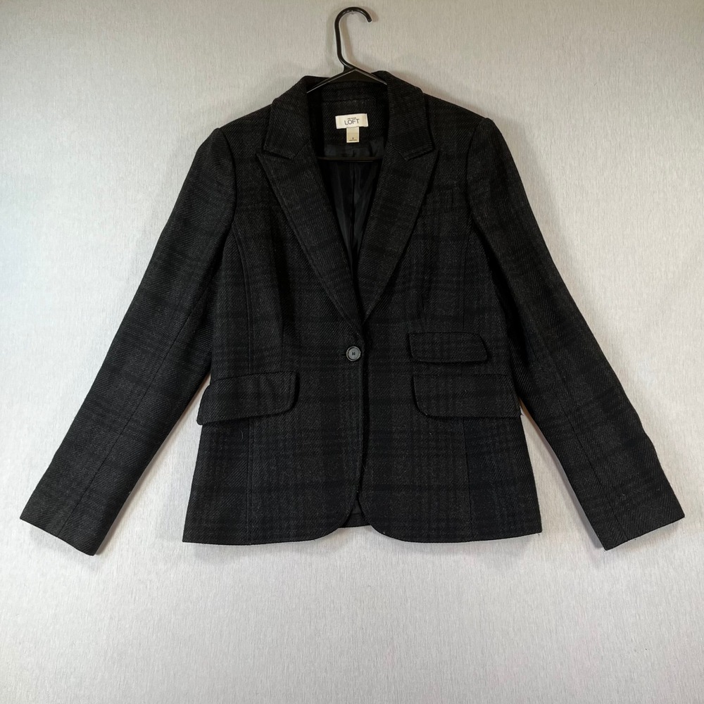 Ann Taylor LOFT Blazer Women 8 Wool Blend Charcoal Plaid Single Button Jacket